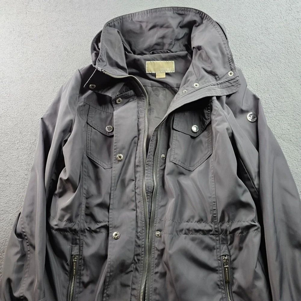 Michael Kors‎ Anorak Rain Coat Women's S Gray Long Sleeve Hooded Snap Inside Zip